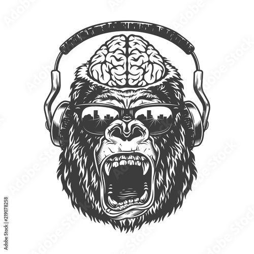 Vintage monochrome gorilla with headphones. 