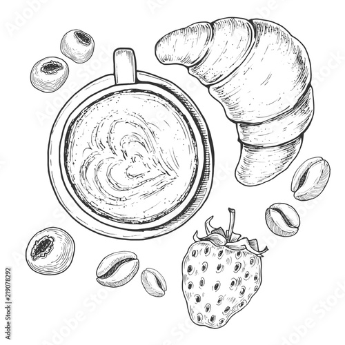 Hand drawn breakfast, etching sketch of croissant, cappuccino cup of coffee with berries and beans. Vintage food illustration isolated on white background. Vector drawing.