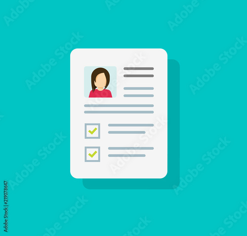 Documents with personal data vector icon, flat cartoon paper document with user profile data and photo symbol, concept of interview job, qualification test evaluation, cv or resume isolated
