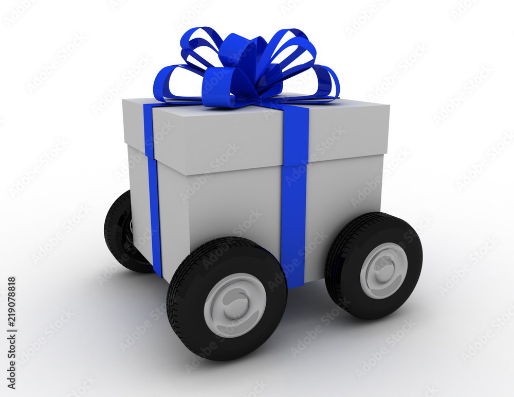 Gift box on wheels . 3D rendered illustration Gift box on wheels . 3D rendered illustration
