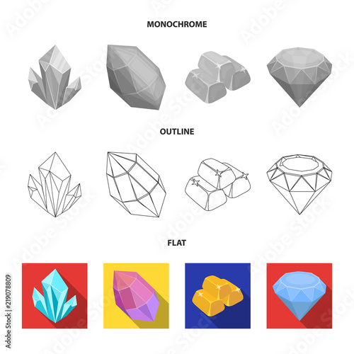 Crystals, minerals, gold bars. Precious minerals and jeweler set collection icons in flat,outline,monochrome style vector symbol stock illustration web.