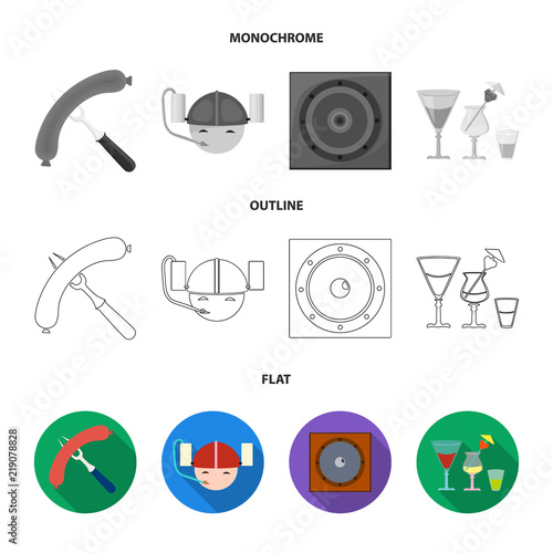 Fried sausage, beer helmet, cocktails, speaker.Pub set collection icons in flat,outline,monochrome style vector symbol stock illustration web.