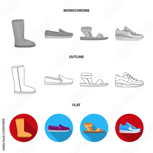 Beige ugg boots with fur, brown loafers with a white sole, sandals with a fastener, white and blue sneakers. Shoes set collection icons in flat,outline,monochrome style vector symbol stock