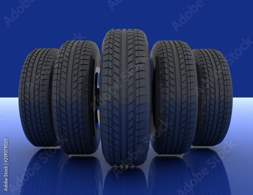 Group of automotive tires . 3d rendered illustration