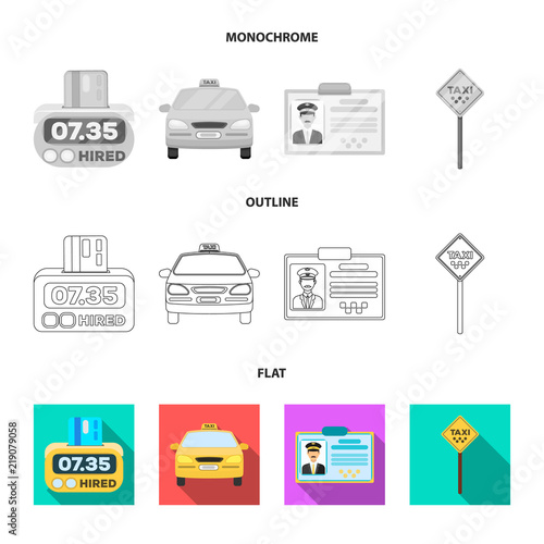 The counter of the fare in the taxi, the taxi car, the driver badge, the parking lot of the car. Taxi set collection icons in flat,outline,monochrome style vector symbol stock illustration web.