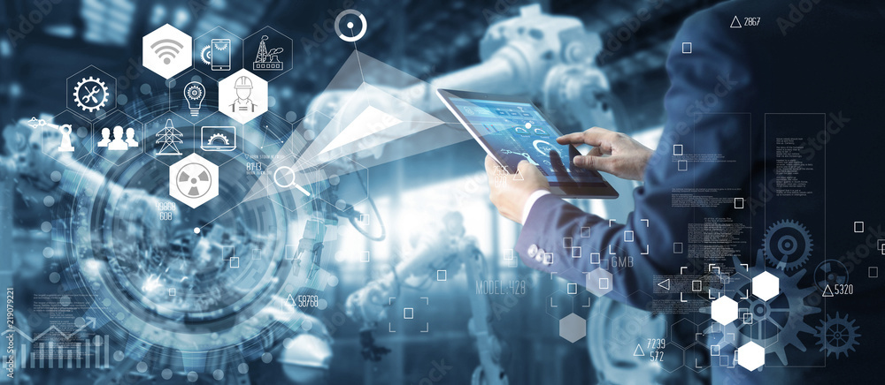 Technician manager, Industrial engineer controlling roboticts on monitoring  system software and icon industry network connection on tablet. AI  Automation robot arm machine in smart factory. foto de Stock | Adobe Stock