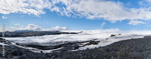 A panoramic view of Myrdalsjokull Glacier in summer.