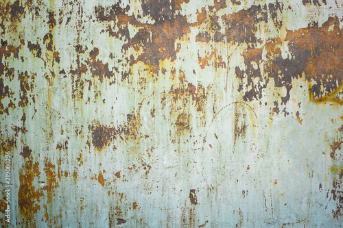 Old blue dirty painting grunge urban wall background with rusty stains, metal texture backdrop