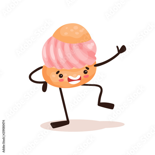 Creamy cake with smiling face, funny humanized dessert cartoon character vector Illustration on a white background