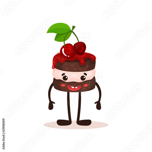 Cute cake with cherries and funny face, humanized dessert cartoon character vector Illustration on a white background