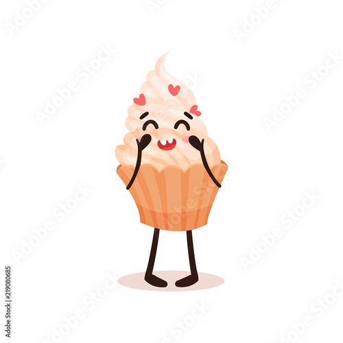 Cute cupcake with funny face, humanized dessert cartoon character vector Illustration on a white background
