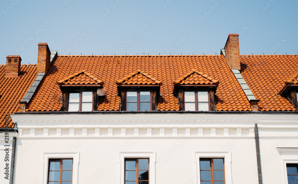 Old historic tenement roof with orange slates