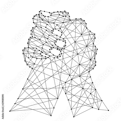 Abstract depiction of a fraternal handshake or arm wrestling of two hands from futuristic polygonal black lines and dots. Vector illustration.