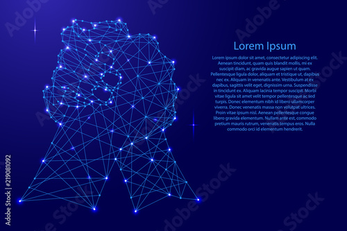 Abstract depiction of a fraternal handshake or arm wrestling of two hands from futuristic polygonal blue lines and glowing stars for banner, poster, greeting card. Vector illustration.