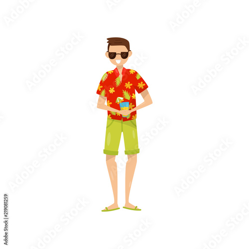 Happy young man in sunglasses and Hawaiian aloha shirt enjoying vacations and drinking cocktail vector Illustration on a white background
