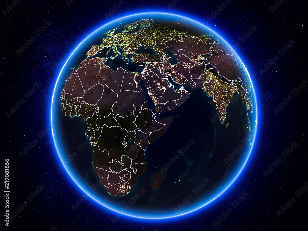 Naklejka premium Djibouti on Earth from space at night