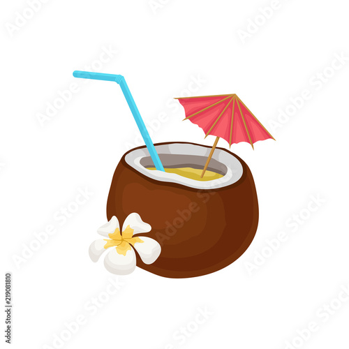 Tropical cocktail in coconut with straw and umbrella vector Illustration on a white background