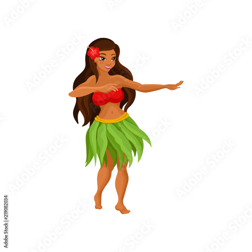 Hawaiian girl in grass skirt dancing and hibiscus flower in her hair vector Illustration on a white background