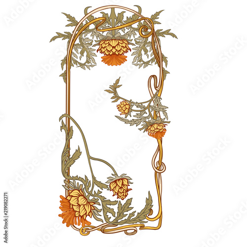 Fototapeta Naklejka Na Ścianę i Meble -  Frame in art nouveau style with thistle. In vintage blue color.
