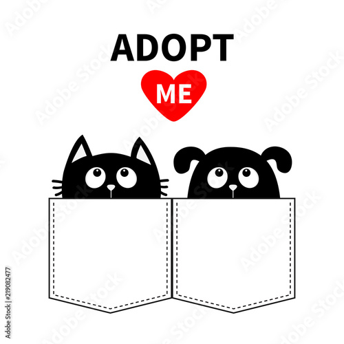 Adopt me. Dont buy. Dog Cat in the pocket. Pet adoption. Puppy pooch kitty cat looking up to red heart. Flat design. Help homeless animal concept. White background. Isolated.