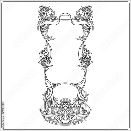 Fototapeta Naklejka Na Ścianę i Meble -  Frame in art nouveau style with thistle. Outline drawing.
