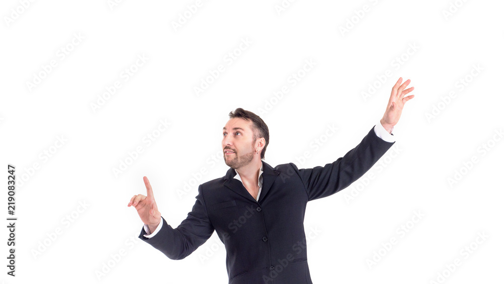 Businessman touching on a virtual whiteboard. Isolated on white Businessman touching on a virtual whiteboard. Isolated on white