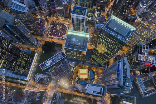 Modern architecture buildings at night aerial view located in the heart of the financial centre