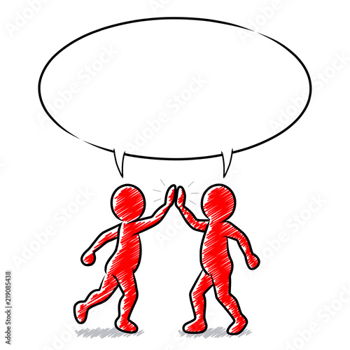 Zwei rote Strichmännchen beim High-Five mit leerer Sprechblase / Schraffierte Vektor-Zeichnung
