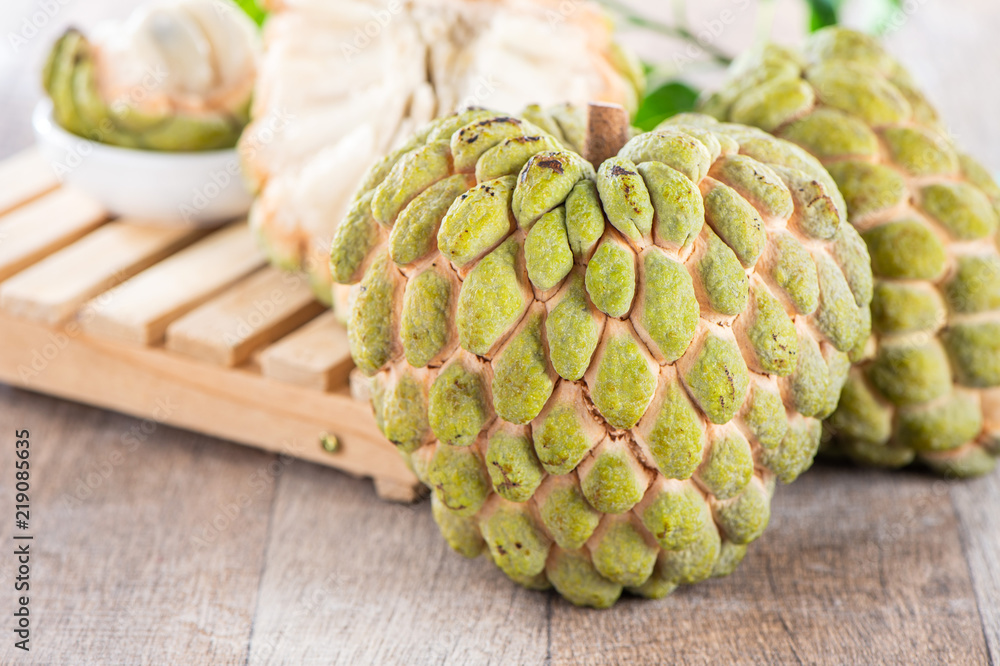 fresh sugar apple fruit(Custard Apple),sweetsop on wooden table ...