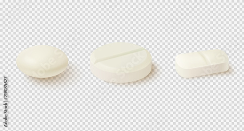 Realistic medical pills. Collection of oval, round and capsule shaped tablets.