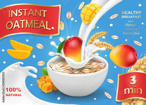 Oatmeal advertising with mango and milk splashing realistic. Oats instant flakes muesli illustration