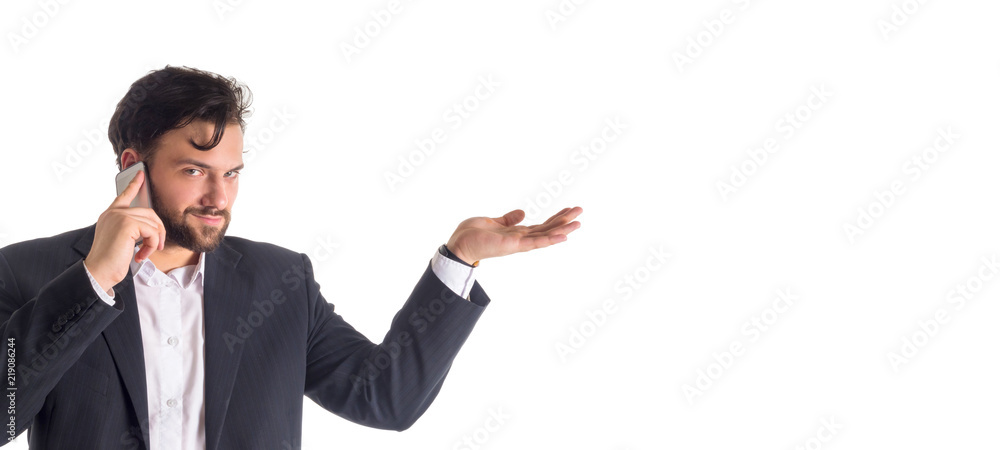 Smiling business man showing open hand palm with copy space for product. Isolated. Smiling business man showing open hand palm with copy space for product. Isolated.