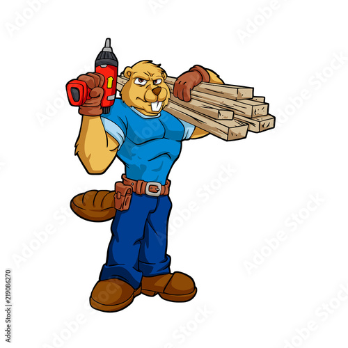 Beaver Construction Worker with Wood Beam Cartoon Illustration