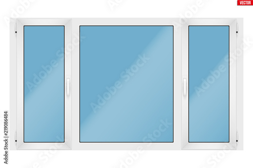 Metal plastic PVC big window with three sash and two opening casement. Indoor view. Presentation of models and frame installation. White color. Sample Vector Illustration isolated on white background.