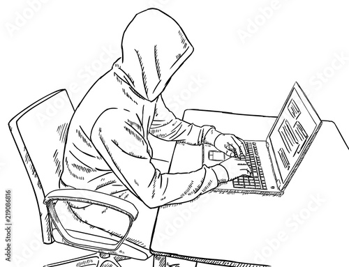 sketch style doodle of hacker sitting in front of his desk and working on his laptop  