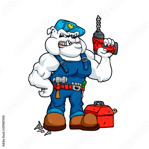  Bulldog Handyman with drill in hand and tools. Cartoon character funny.