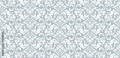Wallpaper in the style of Baroque. Seamless vector background. White and blue floral ornament. Graphic pattern for fabric, wallpaper, packaging. Ornate Damask flower ornament