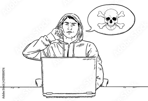 sketch style doodle of hacker talking on mobile phone in front of his laptop
