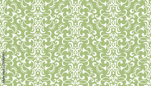 Wallpaper in the style of Baroque. Seamless vector background. White and green floral ornament. Graphic pattern for fabric, wallpaper, packaging. Ornate Damask flower ornament