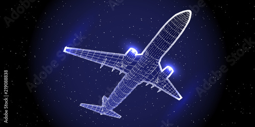 Abstract airliner constructed with  dots. Outline wireframe glowing concept. Aircraft flying in starry sky. Travel, tourism, transport. Airplane vector illustration.