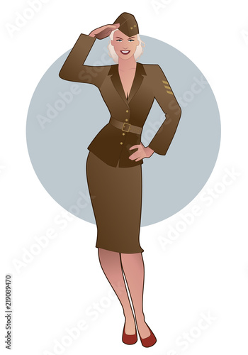 Army girl in retro style wearing soldiers uniform from the 40s or 50s doing military salute