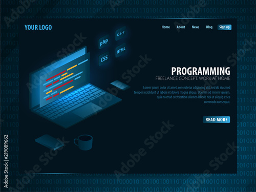 Isometric Developing programming and coding technologies. Can use for web banner or infographics. Freelance concept. Work at home.
