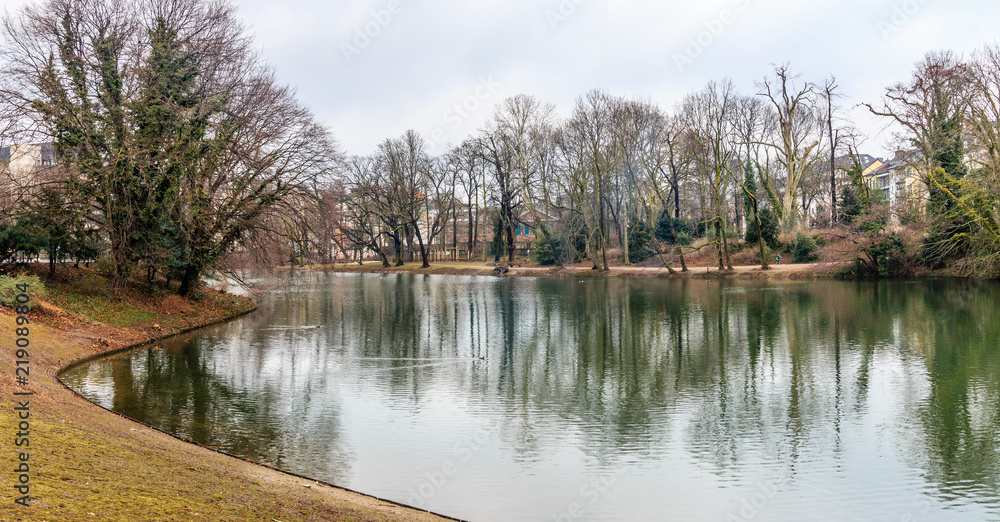 Park with lake in winter Park with lake in winter