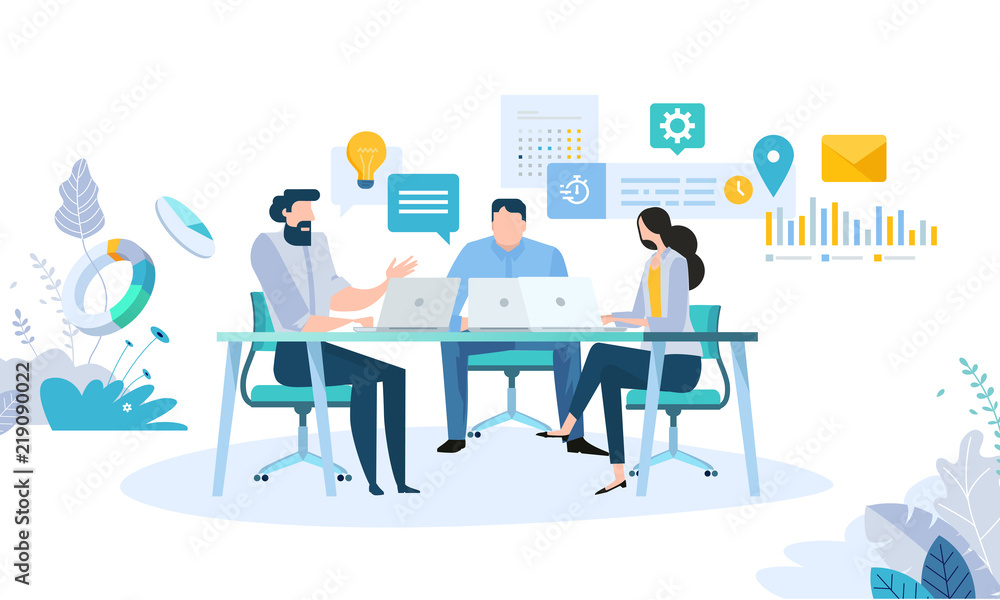 Vector illustration concept of business workflow, time management, planning, task app, teamwork, meeting. Creative flat design for web banner, marketing material, business presentation.