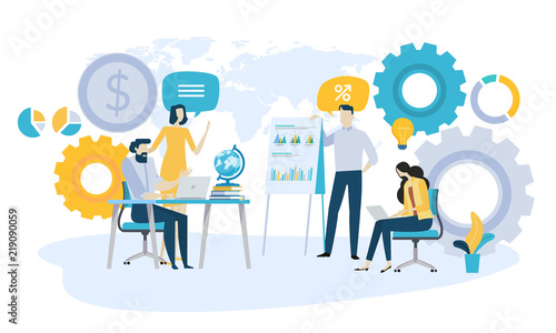 Vector illustration concept of global investment, market trends, economic analysis, startups. Creative flat design for web banner, marketing material, business presentation.