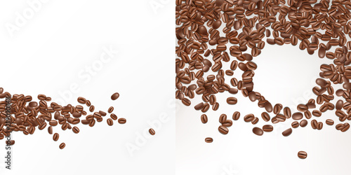 Vector 3d realistic coffee seeds isolated on white background. Top view of fresh arabica beans. Mock up, template for advertising poster, promotion banner