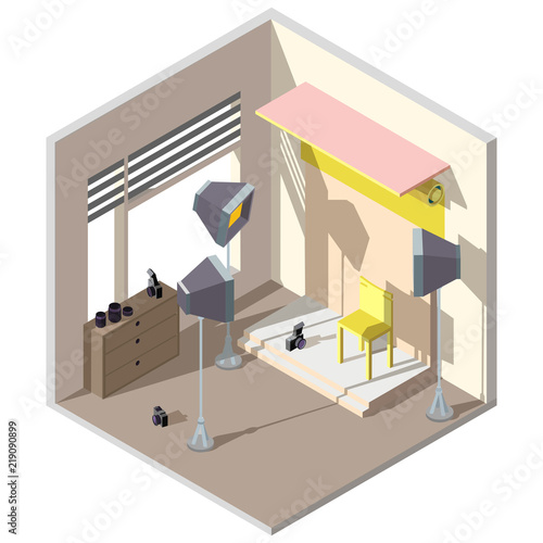 Vector 3d isometric photography studio. Professional space with spotlights, furniture and chroma key. Photo equipment in apartment. Architecture interior isolated on white background.