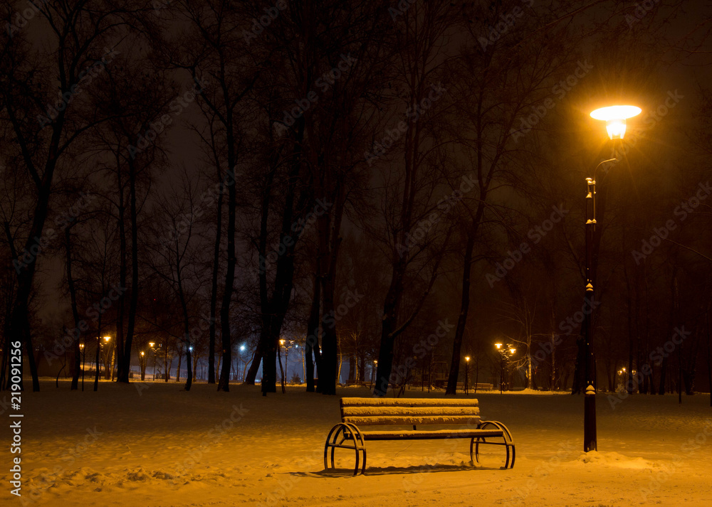 Bench and а lantern in a winter park