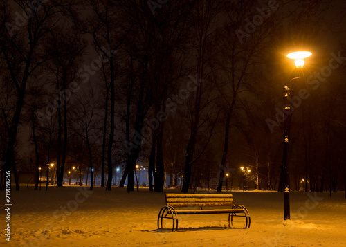 Bench and а lantern in a winter park