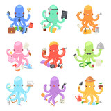 Octopus in business vector illustration octopi character of businessman constructor or housewife doing multiple tasks set of multitasking octopuses doctor and teacher isolated on white background